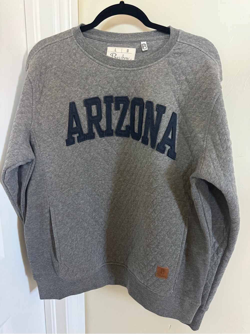 Pressbox Gray Quilted Crewneck Sweatshirt with Navy Arizona Applique
